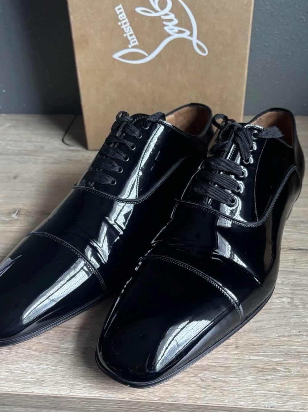 Christian Louboutin Greggo Black Patent Shoes Leather Size 45.5 WORN Lightly